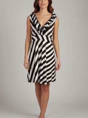 INC International Concepts Striped Ruffle Neckline Sleeveless Dress Size L Brown